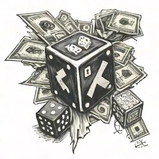 risk taker, dice, name and date, gambling table, money bag tattoo design idea