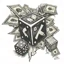 risk taker, dice, name and date, gambling table, money bag tattoo design idea