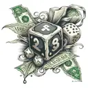 risk taker, dice, name and date, gambling table, money bag tattoo design idea