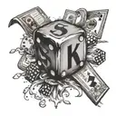 risk taker, dice, name and date, gambling table, money bag tattoo design idea