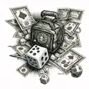 risk taker, dice, name and date, gambling table, money bag tattoo design idea