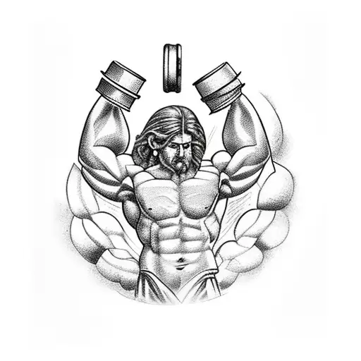 A powerful Greek god holding a dumbbell in one hand and a steaming cup of coffee in the other tattoo design idea