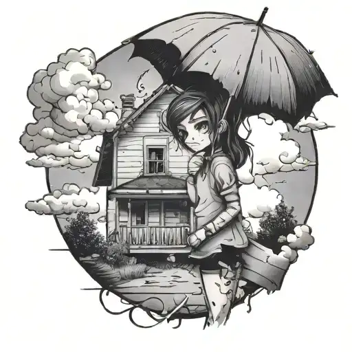 Emo Girl with Umberella Clouds and Rain with a broken house in background  tattoo design idea
