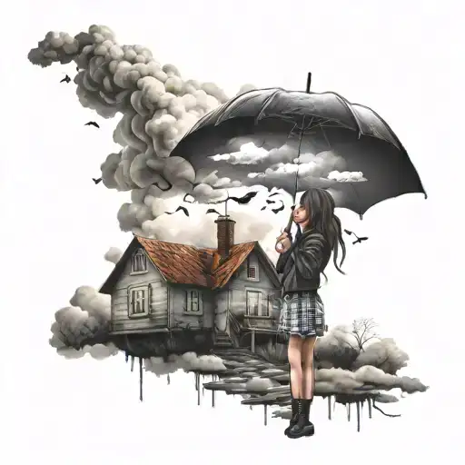 Emo Girl with Umberella Clouds and Rain with a broken house in background  tattoo design idea