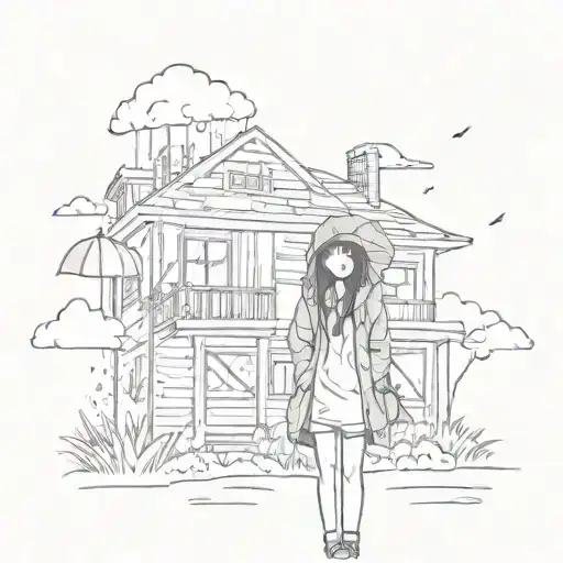 Emo Girl with Umberella Clouds and Rain with a broken house in background  tattoo design idea