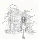 Emo Girl with Umberella Clouds and Rain with a broken house in background  tattoo design idea