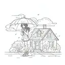 Emo Girl with Umberella Clouds and Rain with a broken house in background  tattoo design idea