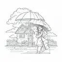 Emo Girl with Umberella Clouds and Rain with a broken house in background  tattoo design idea