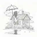 Emo Girl with Umberella Clouds and Rain with a broken house in background  tattoo design idea