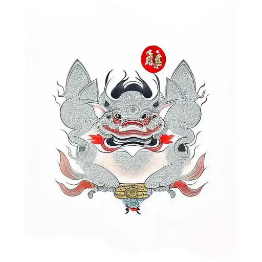 geisha + kitsune + fu dog + chinese coin frog tattoo design idea