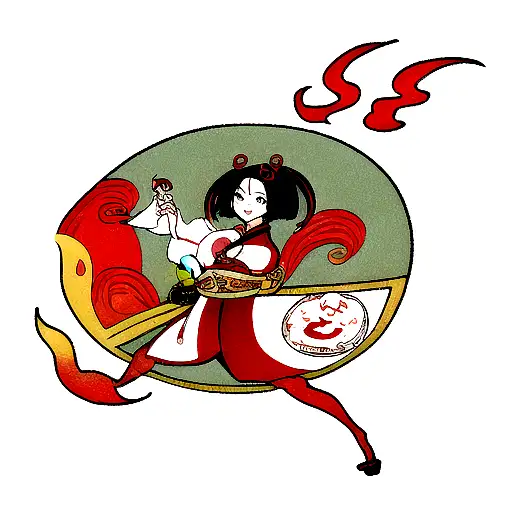 geisha and kitsune and fu dog and chinese coin frog tattoo design idea