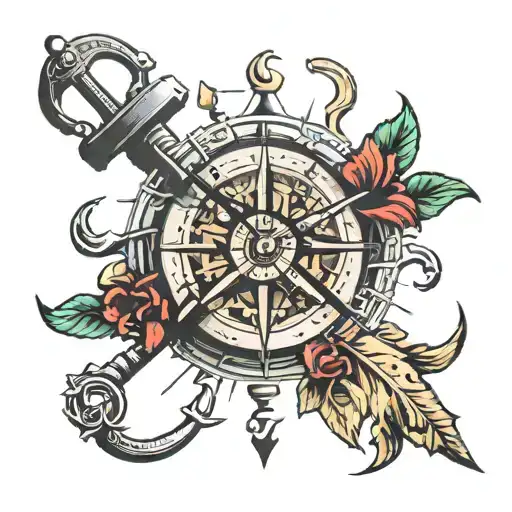 anchor and sundial clock tattoo design idea