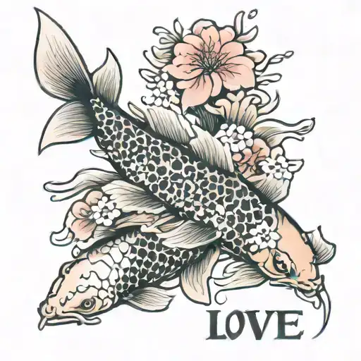 Koi fish with cherry blossom flowers with the kanji "love" tattoo design idea