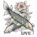 Koi fish with cherry blossom flowers with the kanji "love" tattoo design idea