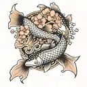 Koi fish with cherry blossom flowers with the kanji "love" tattoo design idea