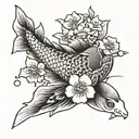 Koi fish with cherry blossom flowers with the kanji "love" tattoo design idea