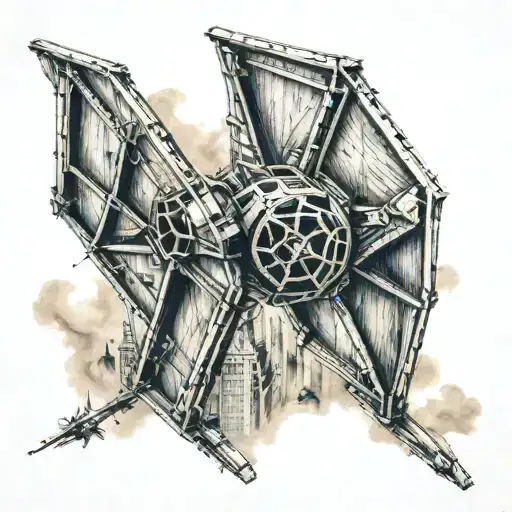 A traditional style tattoo of the London skyline with a TIE Fighter from Star Wars flying overhead tattoo design idea