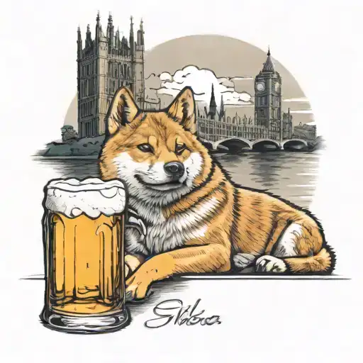 A realistic depiction of a Shiba Inu enjoying a pint of beer with Big Ben in the background tattoo design idea