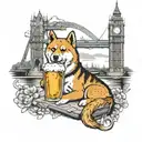 A realistic depiction of a Shiba Inu enjoying a pint of beer with Big Ben in the background tattoo design idea