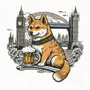 A realistic depiction of a Shiba Inu enjoying a pint of beer with Big Ben in the background tattoo design idea