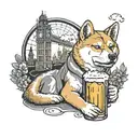 A realistic depiction of a Shiba Inu enjoying a pint of beer with Big Ben in the background tattoo design idea