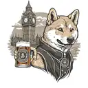 A realistic depiction of a Shiba Inu enjoying a pint of beer with Big Ben in the background tattoo design idea