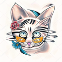 cat head linear in front tattoo design idea