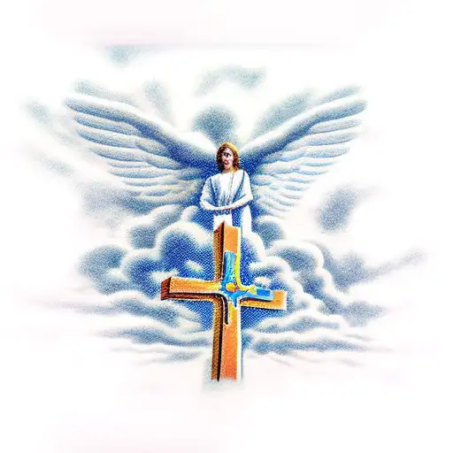 crosses, clouds, angels, clouds, birth dates tattoo design idea