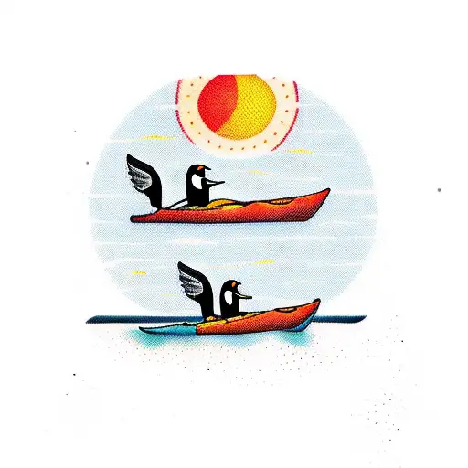 two penguins kayaking in the desert, one penguin has a paddle the other does not. there is a red sun setting in the back tattoo design idea