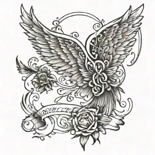 names around angel wings spread tattoo design idea