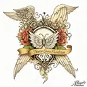 5 names around angel wings  1 name in the middle tattoo design idea