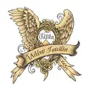 5 names around angel wings  1 name in the middle tattoo design idea