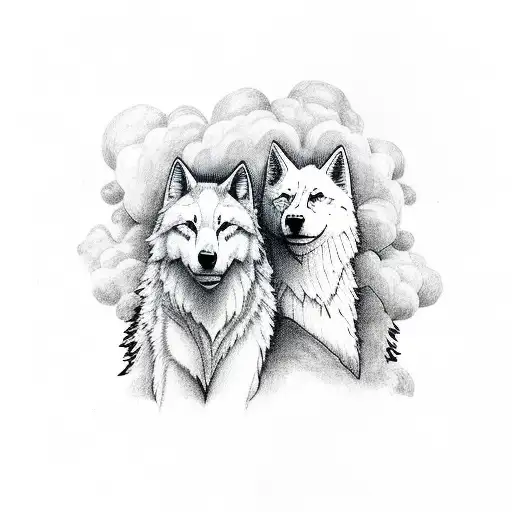 one white wolf and onw black wolf happy cudding together with clouds  and trees tattoo design idea