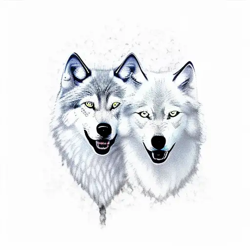 one white wolf and one black wolf smilling happy together beautiful tattoo design idea