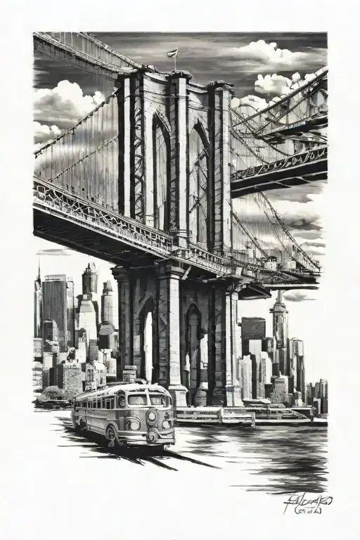 New York Brooklyn Bridge, Train, Robert de Niro in Taxy Driver tattoo design idea