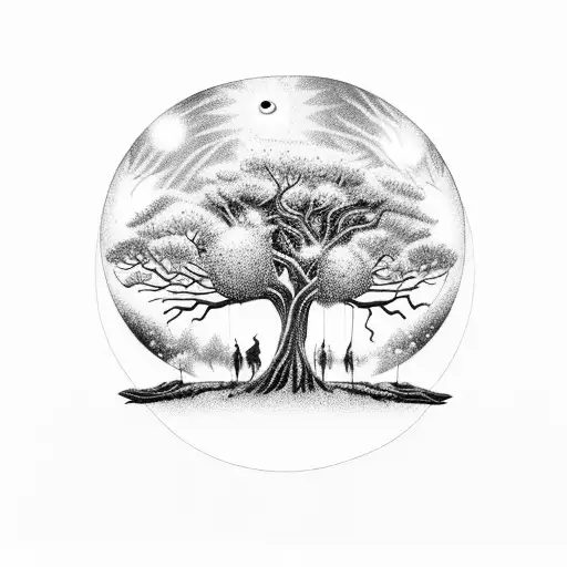 A beautiful moonlit scene of an enchanted forest with three distinct trees, each representing a daughter, surrounded by fireflies tattoo design idea