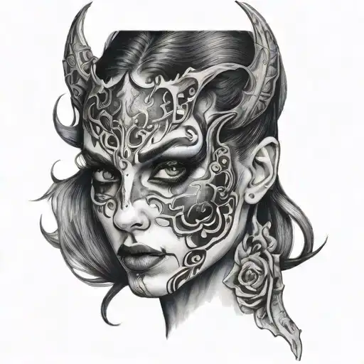 woman with one part of her face normal and second demonic tattoo design idea