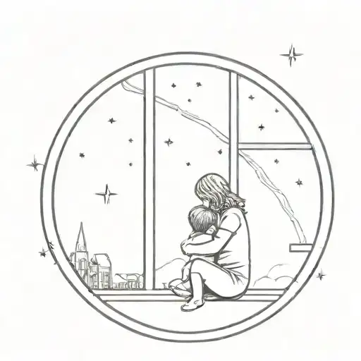 mother and child watching meteor shower from window tattoo design idea