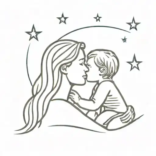 mother and child watching meteor shower tattoo design idea