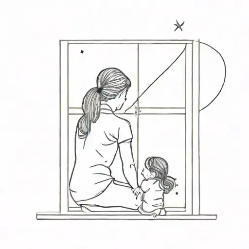 mother and daughter watching meteor shower from window tattoo design idea