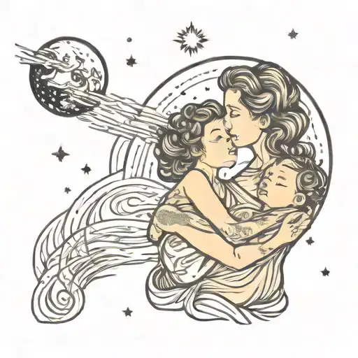 mother and child watching meteor shower tattoo design idea