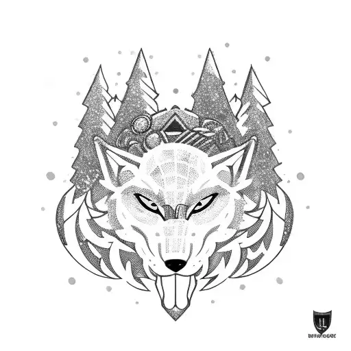 A fierce snow wolf wearing a soldier's helmet, surrounded by soccer balls tattoo design idea