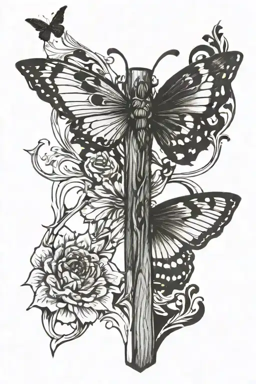wooden cross butterfly in wood grain tattoo design idea