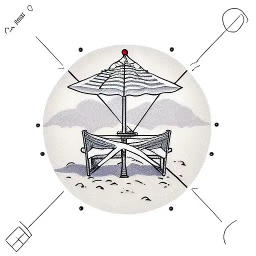 A minimalist tattoo of a beach chair under a parasol with the sun shining above tattoo design idea