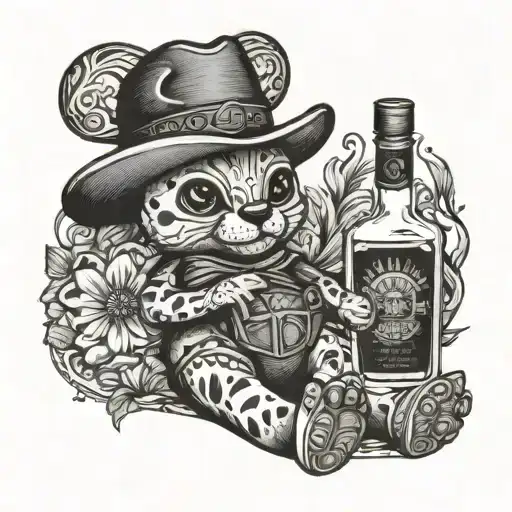 soft toy with a bottle of tequila bottle tattoo design idea