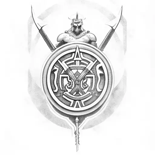 Ares holding a shield adorned with symbols of Greek mythology in a black-grey style tattoo design idea