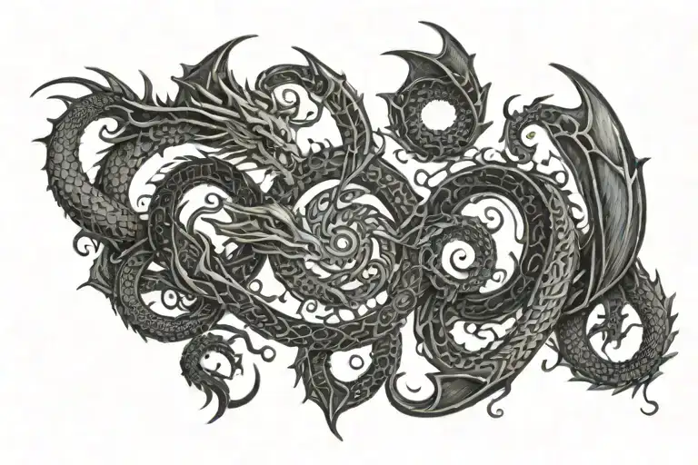 Dragon intertwined with a labyrinth representing the complexity of knowledge and learning tattoo design idea