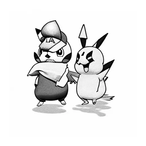 pikachu and mario together with both a crown. also add a rainbow under them. tattoo design idea