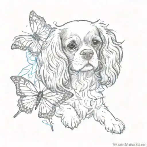 cavalier king charles playing with butterflies tattoo design idea