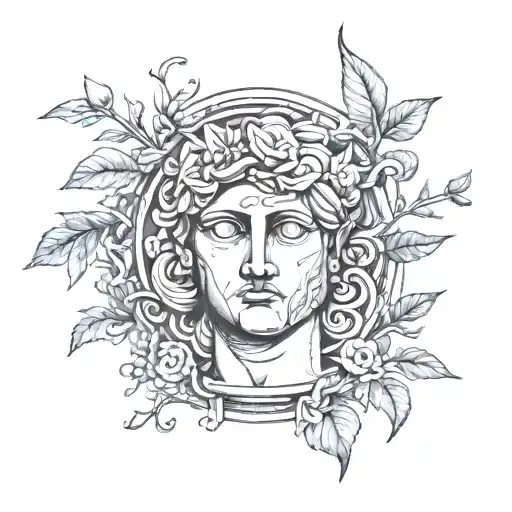 A tattoo of a composition about Greek sculpture art, with something about nature like branches. The word tattoo design idea